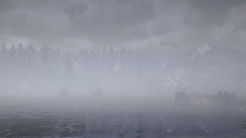Foggy winter shoreline in Minecraft with a small stone fort and warm light from an entrance.