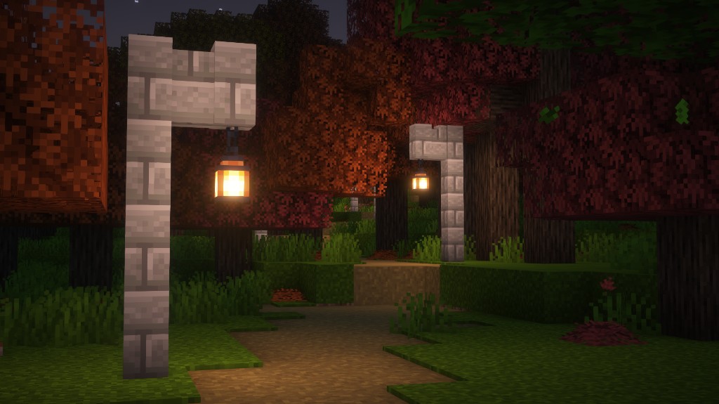 Forest path at night lined with warm lanterns.